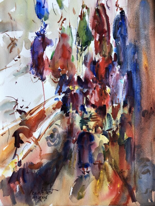 An expressive watercolor painting by Eric Wiegardt of a narrow, sunlit alleyway with a canopy of colorful, abstract hanging shapes representing yarn. The left wall features gestural marks suggesting graffiti, and two figures walk away from the viewer.