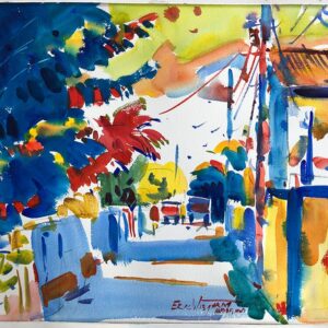 Vibrant watercolor painting of an abstract street scene with a building and lush blue and red foliage under a bright sky.
