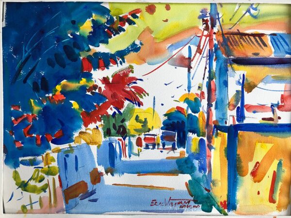 Vibrant watercolor painting of an abstract street scene with a building and lush blue and red foliage under a bright sky.