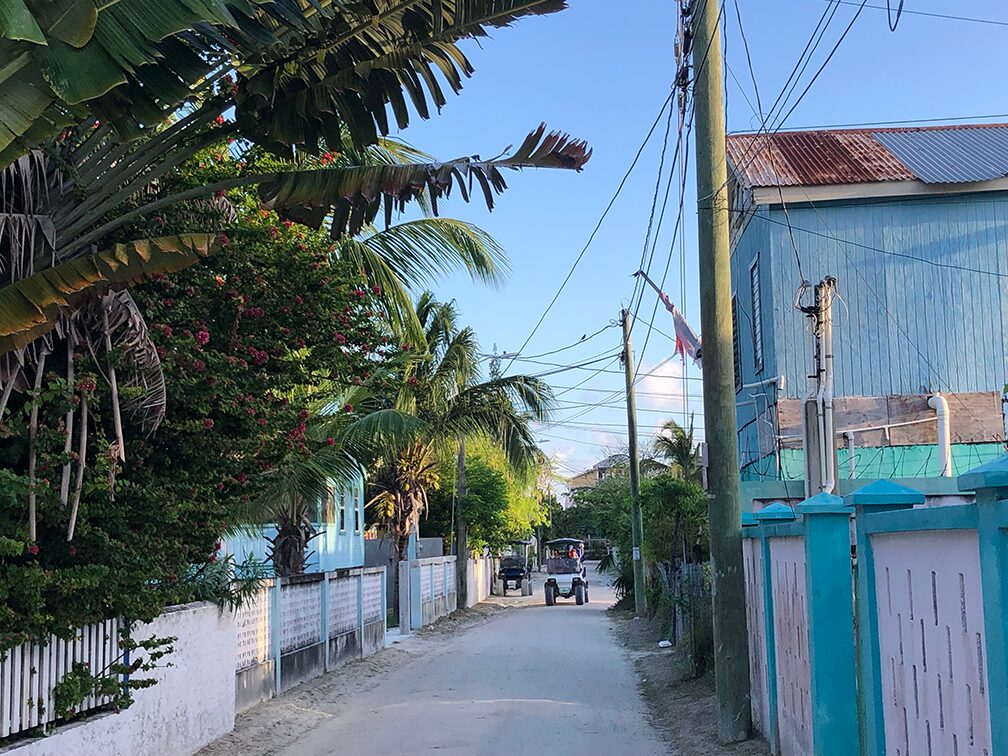 A sandy road in a tropical residential area, bordered by colorful fences and dense greenery. Two golf carts are seen moving away in the distance.