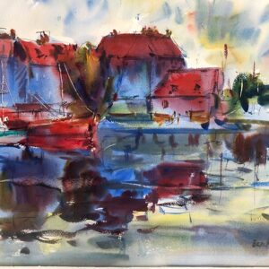 Watercolor painting of colorful boats moored in harbor with red-roofed buildings reflected in water