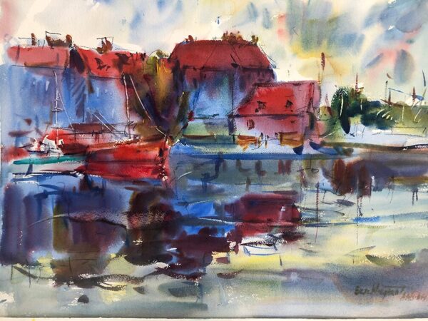 Watercolor painting of colorful boats moored in harbor with red-roofed buildings reflected in water