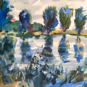 An impressionistic watercolor painting of a serene landscape scene. The foreground features tall reeds and grasses painted with loose, expressive brushstrokes. A broad body of water fills the middle ground, where it reflects a row of trees on the opposite bank. The reflections are a prominent feature of the painting, rendered with broad washes of blue, green, and brown. The overall style is painterly and atmospheric, with a soft, natural color palette.
