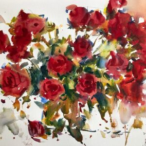 A loose, vibrant watercolor painting of a bouquet of red roses with green leaves
