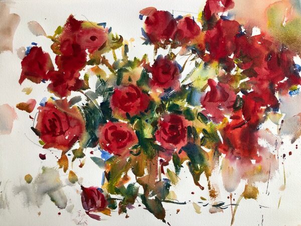 A loose, vibrant watercolor painting of a bouquet of red roses with green leaves