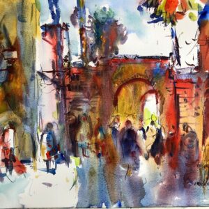 Vibrant watercolor painting of a bustling city street with historic architecture and lively pedestrians, capturing the energy and beauty of urban life.