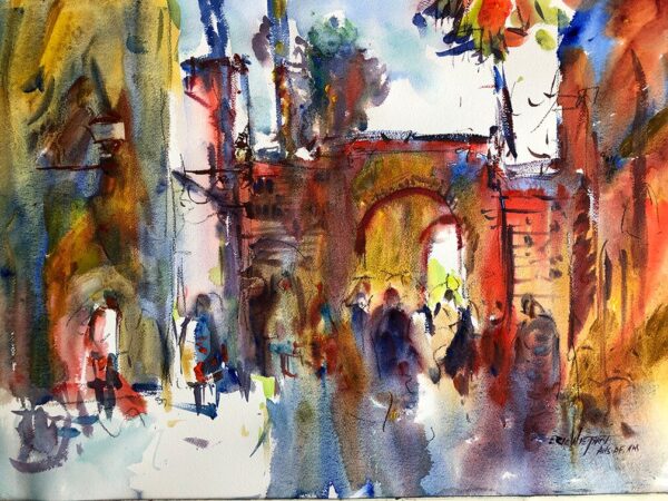 Vibrant watercolor painting of a bustling city street with historic architecture and lively pedestrians, capturing the energy and beauty of urban life.