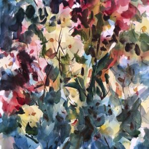 A vibrant, abstract watercolor painting with splashes of green, blue, yellow, and deep red