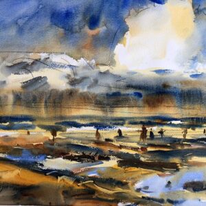 A beautiful and moody watercolor painting of a vast beach landscape under a dramatic sky. The sky is filled with a blend of dark blues, yellows, and grays, with a patch of light breaking through. The wide expanse of wet sand reflects the sky in a mix of warm and cool tones, with small figures silhouetted in the distance. The painting has a sense of a quiet, contemplative moment.
