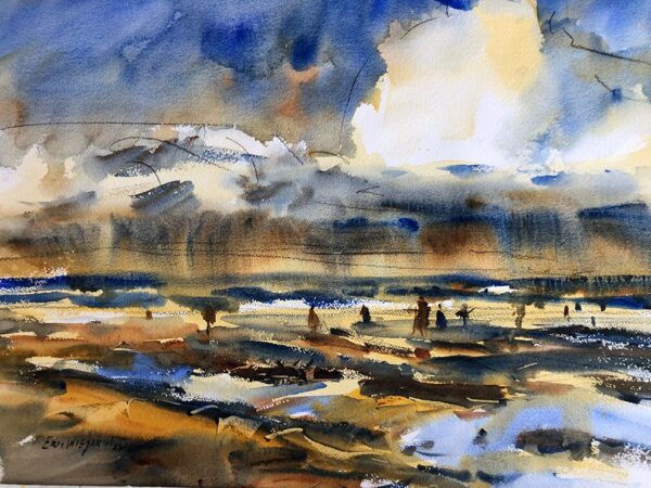A beautiful and moody watercolor painting of a vast beach landscape under a dramatic sky. The sky is filled with a blend of dark blues, yellows, and grays, with a patch of light breaking through. The wide expanse of wet sand reflects the sky in a mix of warm and cool tones, with small figures silhouetted in the distance. The painting has a sense of a quiet, contemplative moment.