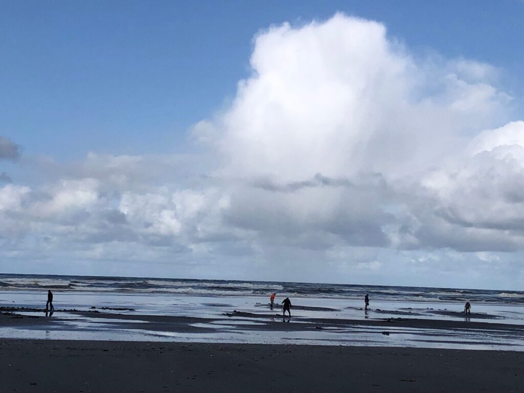 A scenic photo of a wide, sandy beach under a dramatic, cloudy sky. Several small figures are walking along the wet sand in the distance, their reflections visible in the water left behind by the receding tide. The ocean waves are calm, and a large, puffy cloud dominates the sky above the horizon.