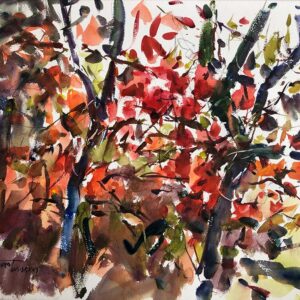 A dynamic and abstract watercolor painting of a tree. The artist has used a range of vivid colors, including reds, oranges, and deep greens, to represent the leaves, with dark blue and brown strokes for the branches. The painting has a sense of movement and energy, with expressive brushstrokes and splashes of color.