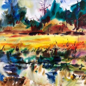 An energetic watercolor landscape by Eric Wiegardt. The marsh is reimagined with saturated yellows, teals, and fiery reds. Broad, wet-in-wet washes define the water and sky, while dark, jagged strokes create a sense of movement in the treeline.