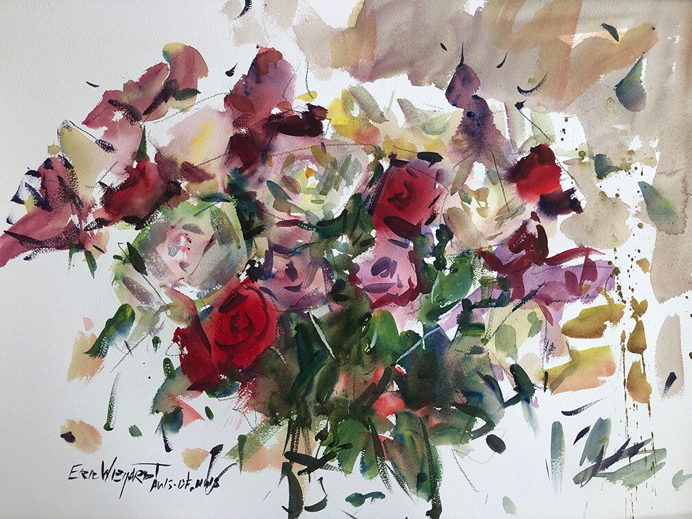 A loose, expressive watercolor painting of a rose bouquet. The forms are abstract, using wet-into-wet techniques, with dominant colors of red, white, magenta, and green against a neutral background.