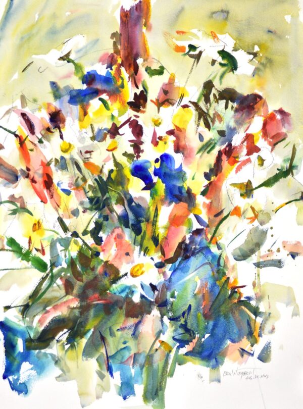 4708 Daisies, original watercolor painting of vibrant colored daisies in a blue vase.