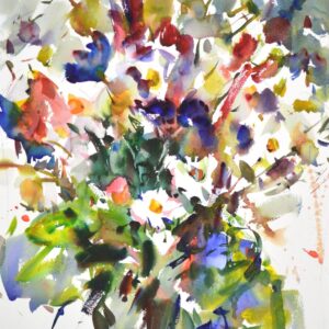 4709 Daisies II, original watercolor painting of vibrant colored daisies.