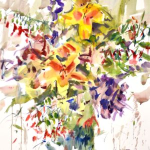 4710 Lilies, original watercolor painting by Eric Wiegardt of vibrant colored lilies in a blue vase.