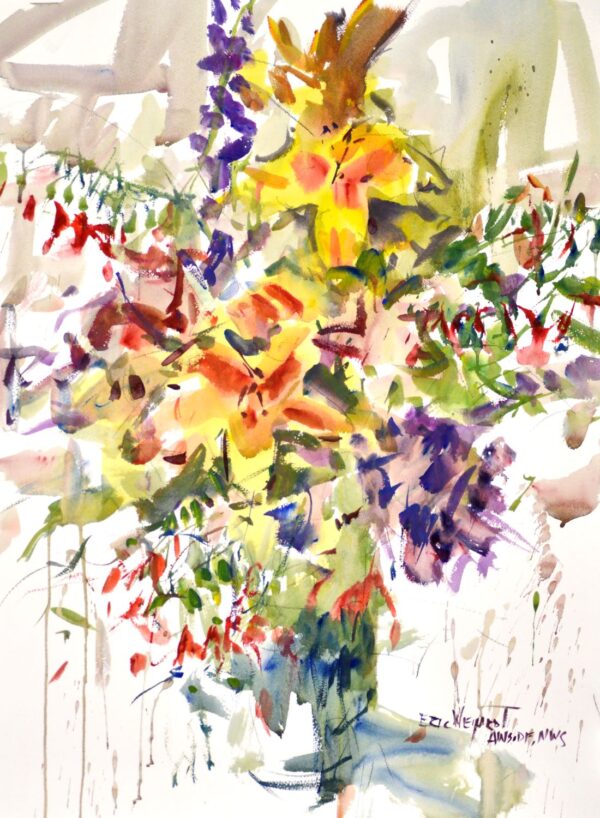 4710 Lilies, original watercolor painting by Eric Wiegardt of vibrant colored lilies in a blue vase.