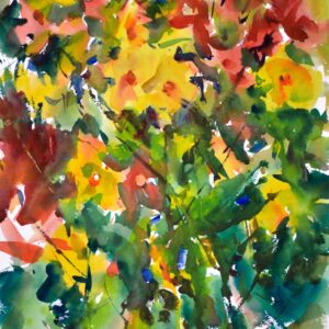 4715 Yellow Dahlias, original watercolor painting of yellow dahlias on a dark background of green.