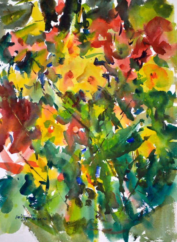 4715 Yellow Dahlias, original watercolor painting of yellow dahlias on a dark background of green.