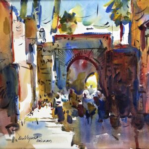 A vibrant watercolor painting of a bustling, sunlit street scene in a city, possibly in Morocco or Spain. The focus is a large archway in the center, with light streaming through it. The surrounding buildings are painted in warm, earthy tones of orange, brown, and red, with hints of blue. Several figures of people are visible in the foreground and beneath the arch, depicted with loose, impressionistic strokes. The painting has a dynamic, energetic feel.