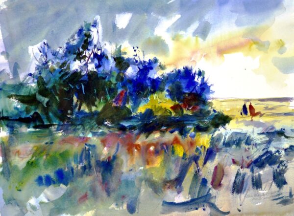4706 Beach Cyprus, original watercolor painting by Eric Wiegardt of a couple walking below cypress trees on a grassy beach. The trees are of blue and green with a cloudy sky above.
