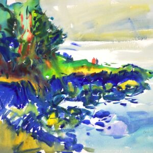 4707 San Juan Coastline, original watercolor painting by Eric Wiegardt of a couple walking on a rocky coastline of blue rocks with trees above and the water beside them.