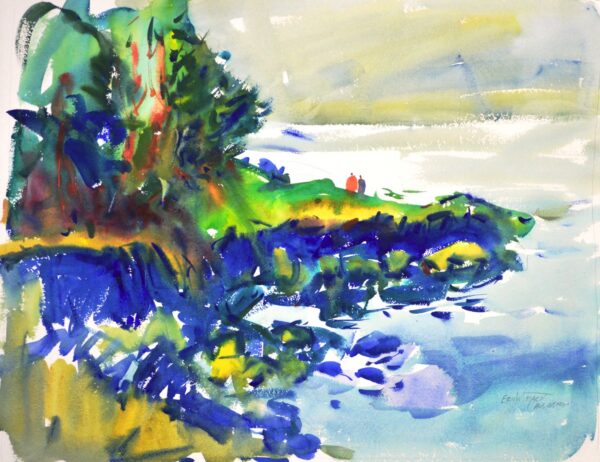 4707 San Juan Coastline, original watercolor painting by Eric Wiegardt of a couple walking on a rocky coastline of blue rocks with trees above and the water beside them.