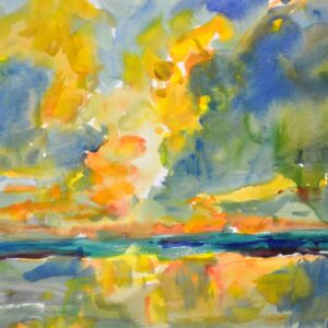 4711 Pacific Sunset, original watercolor painting by Eric Wiegardt of a vibrant sunset reflecting on the ocean in gold, green and blue.