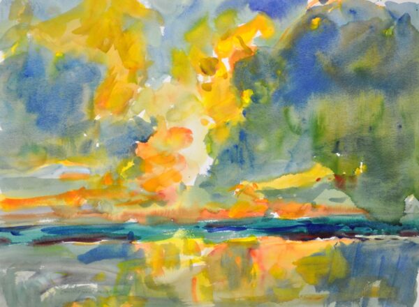 4711 Pacific Sunset, original watercolor painting by Eric Wiegardt of a vibrant sunset reflecting on the ocean in gold, green and blue.