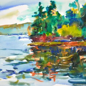 4714 Headland, original watercolor painting by Eric Wiegardt of a headland covered with evergreens above the blue ocean with cloudy skies above.