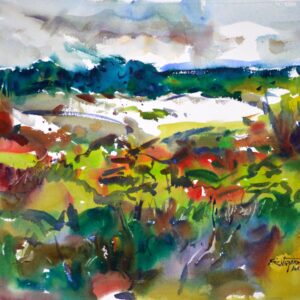 4716 Sand Dune, original watercolor painting by Eric Wiegardt of a white sand dune surrounded by foliage in varius shades of greens, blues and red.