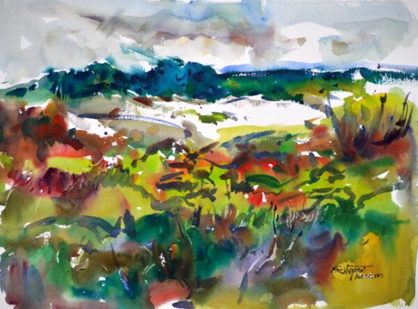 4716 Sand Dune, original watercolor painting by Eric Wiegardt of a white sand dune surrounded by foliage in varius shades of greens, blues and red.