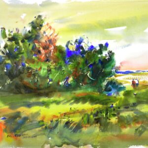4718 Weather-Worn, original watercolor painting by Eric Wiegardt of a cluster of weather-worn cypress and pine trees on a grassy beach. The colors are of various shades of yellowish greens.
