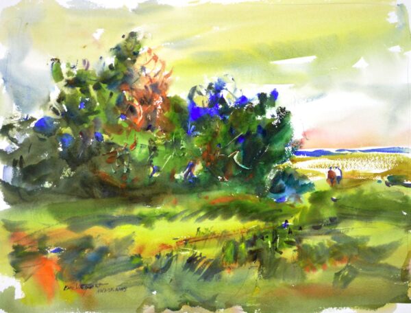 4718 Weather-Worn, original watercolor painting by Eric Wiegardt of a cluster of weather-worn cypress and pine trees on a grassy beach. The colors are of various shades of yellowish greens.