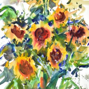 4725 - Todd's Sunflowers, original watercolor painting by Eric Wiegardt of a bouquet of yellow with red centered sunflowers.