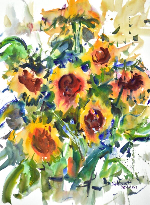 4725 - Todd's Sunflowers, original watercolor painting by Eric Wiegardt of a bouquet of yellow with red centered sunflowers.