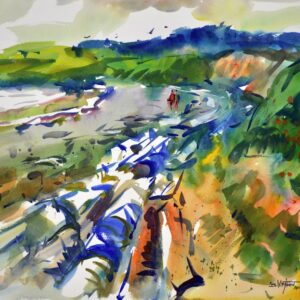 4727 Beach Drift, original watercolor painting by Eric Wiegardt of a beach filled with driftwood. The colors include goldens,greens, blue and red.