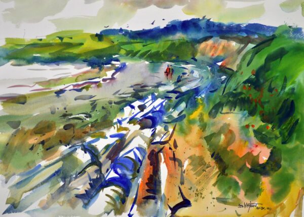 4727 Beach Drift, original watercolor painting by Eric Wiegardt of a beach filled with driftwood. The colors include goldens,greens, blue and red.