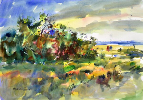 4728 Wind Swept, original watercolor painting by Eric Wiegardt of a beach dune covered with trees weathered by the winds into bonsaied shapes with a cloudy sky above. The colors are reds, greens and yellows.