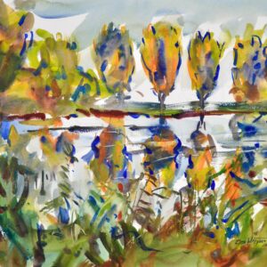 4729 - Monet's Pond II, original watercolor painting by Eric Wiegaardt of trees lining a pond and casting their reflection into the water with blue sky above.