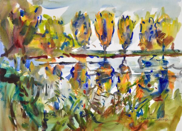4729 - Monet's Pond II, original watercolor painting by Eric Wiegaardt of trees lining a pond and casting their reflection into the water with blue sky above.