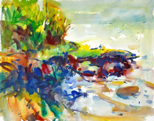 4730 Whale Watching, original watercolor painting by Eric Wiegardt of a couple sitting on the shore looking out to sea