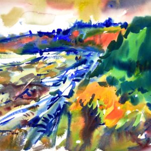 4731 Beach Walk, original watercolor painting by Eric Wiegardt of a couple walking along a beach covered with driftwood. The colors are blue, green, gold and brown.