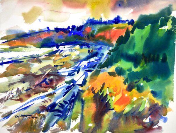 4731 Beach Walk, original watercolor painting by Eric Wiegardt of a couple walking along a beach covered with driftwood. The colors are blue, green, gold and brown.