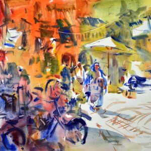 4732 Marrakesh Alley, original watercolor painting by Eric Wiegardt of a colorful alley with lots of people in both traditional and contemporary clothing.