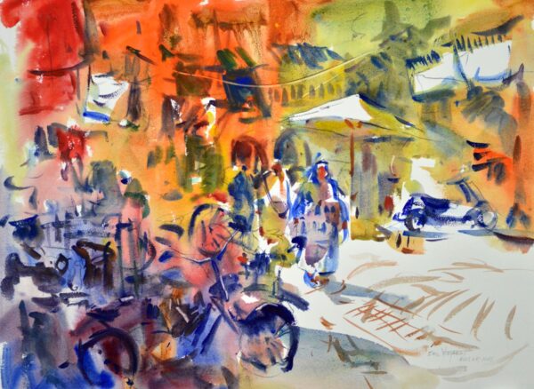 4732 Marrakesh Alley, original watercolor painting by Eric Wiegardt of a colorful alley with lots of people in both traditional and contemporary clothing.
