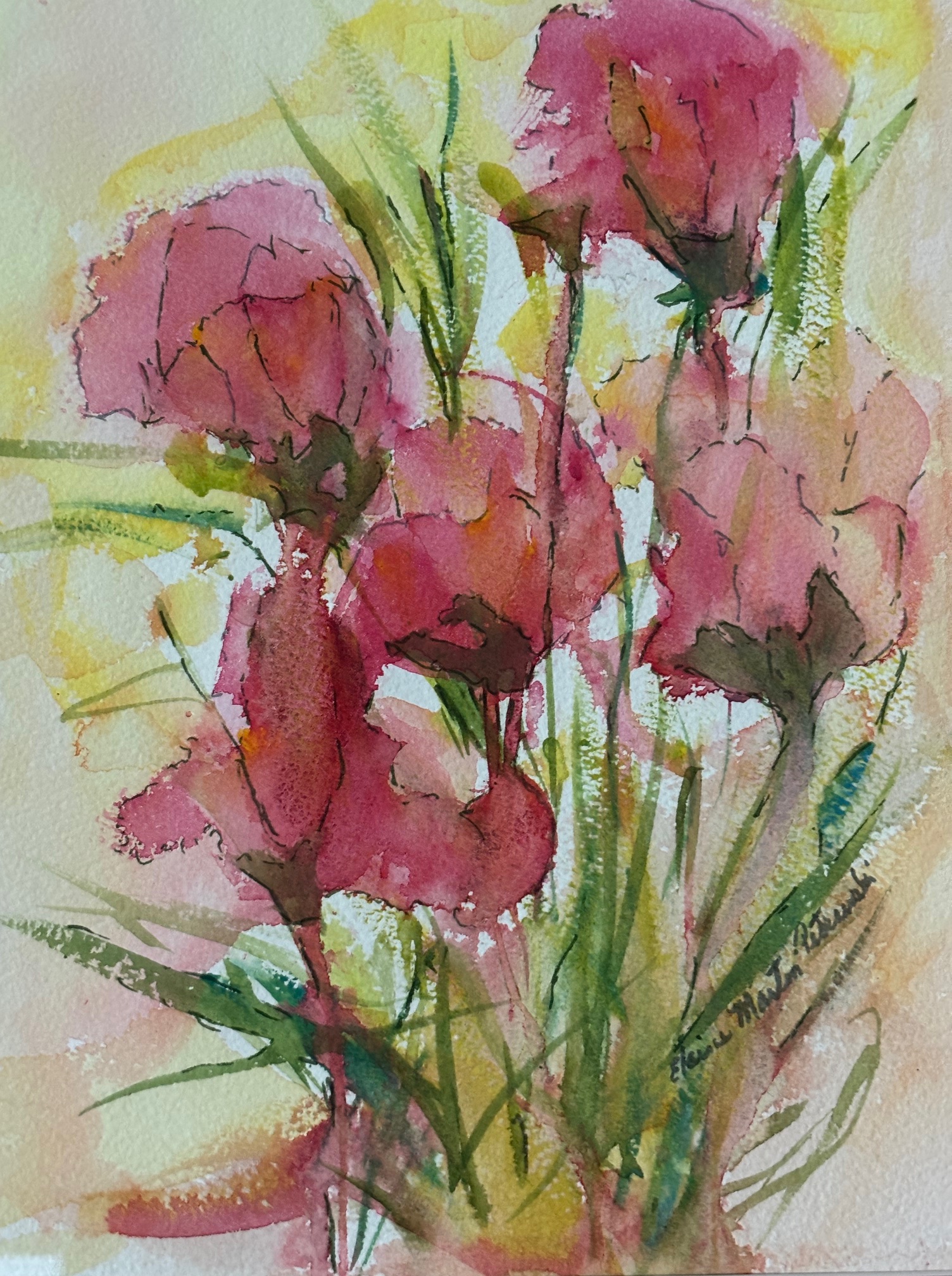 Loose brush strokes, bright colors, experimenting with fewer strokes to catch the essence. This sat on my easel for over a month, feeling unfinished. In a moment of "why not?” I detailed it with a watercolor market and was happier with the results.