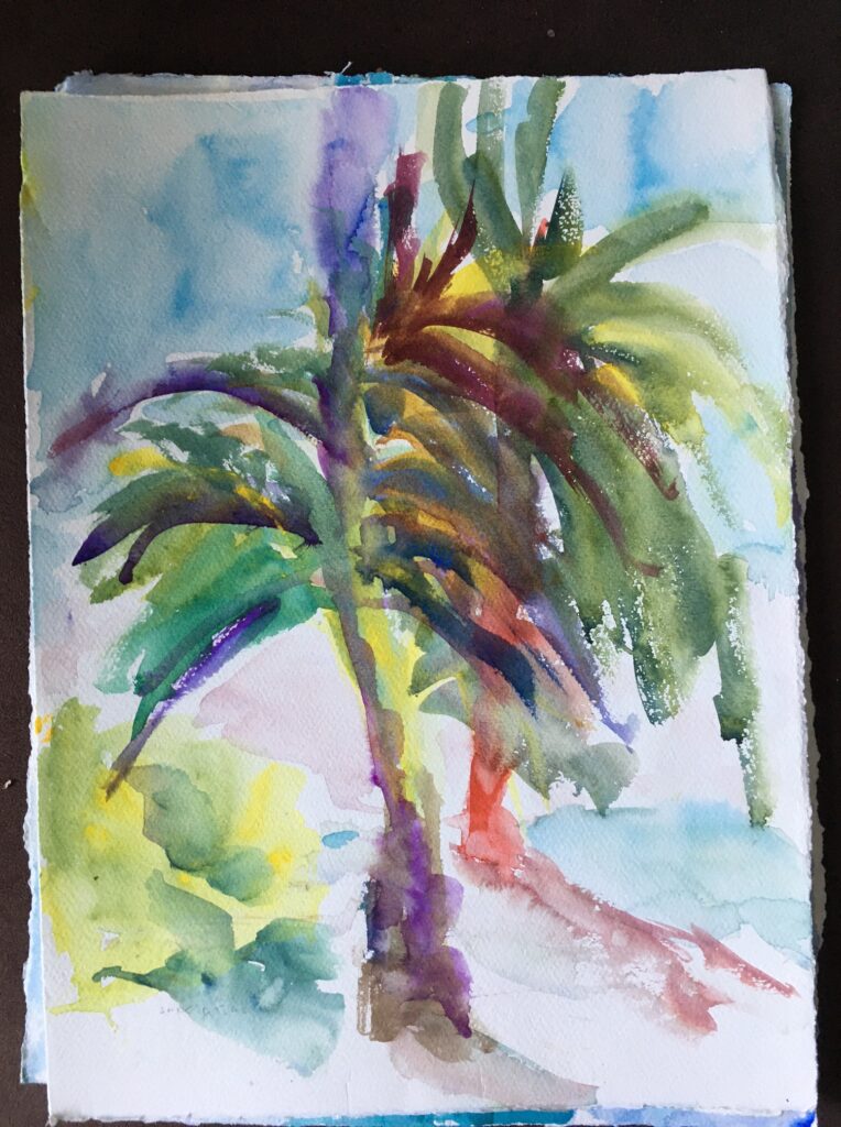 Watercolor painting of a palm tree in Belize. The painting features a bright, abstract representation of a palm tree with long, green, yellow, and purple fronds against a light blue and white sky. The trunk is rendered in purple and brown hues. The style is loose and expressive, utilizing the transparent quality of watercolor.