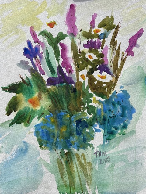 The painting shows the beautiful blue hydrangeas with delicate white daisies. Tall purple flowers and lush greens add to the contrasts.